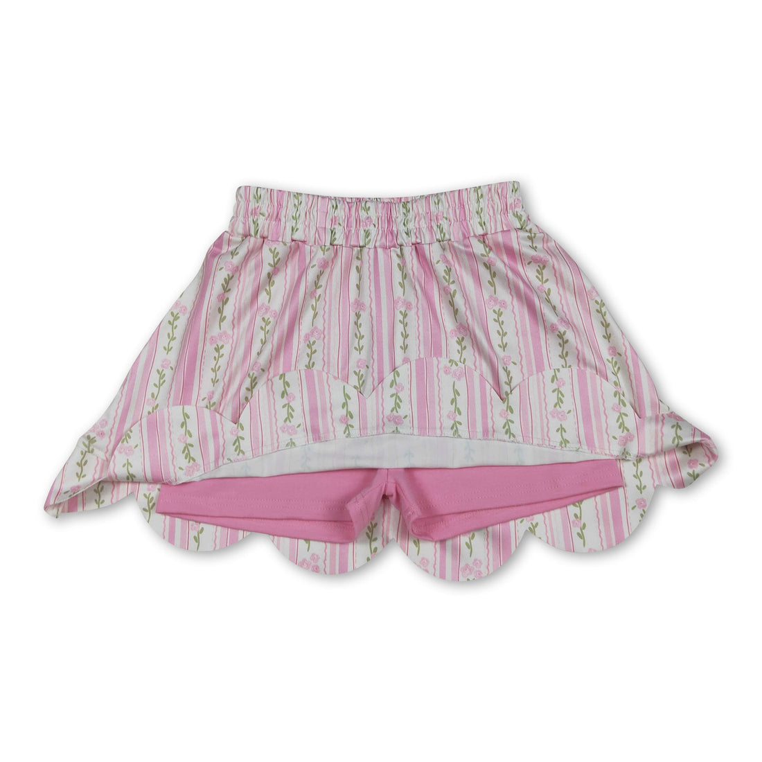 Pink floral elastic waist scallop girl skirt by Mini Rodeo, featuring a cute scalloped hem and floral pattern for kids.