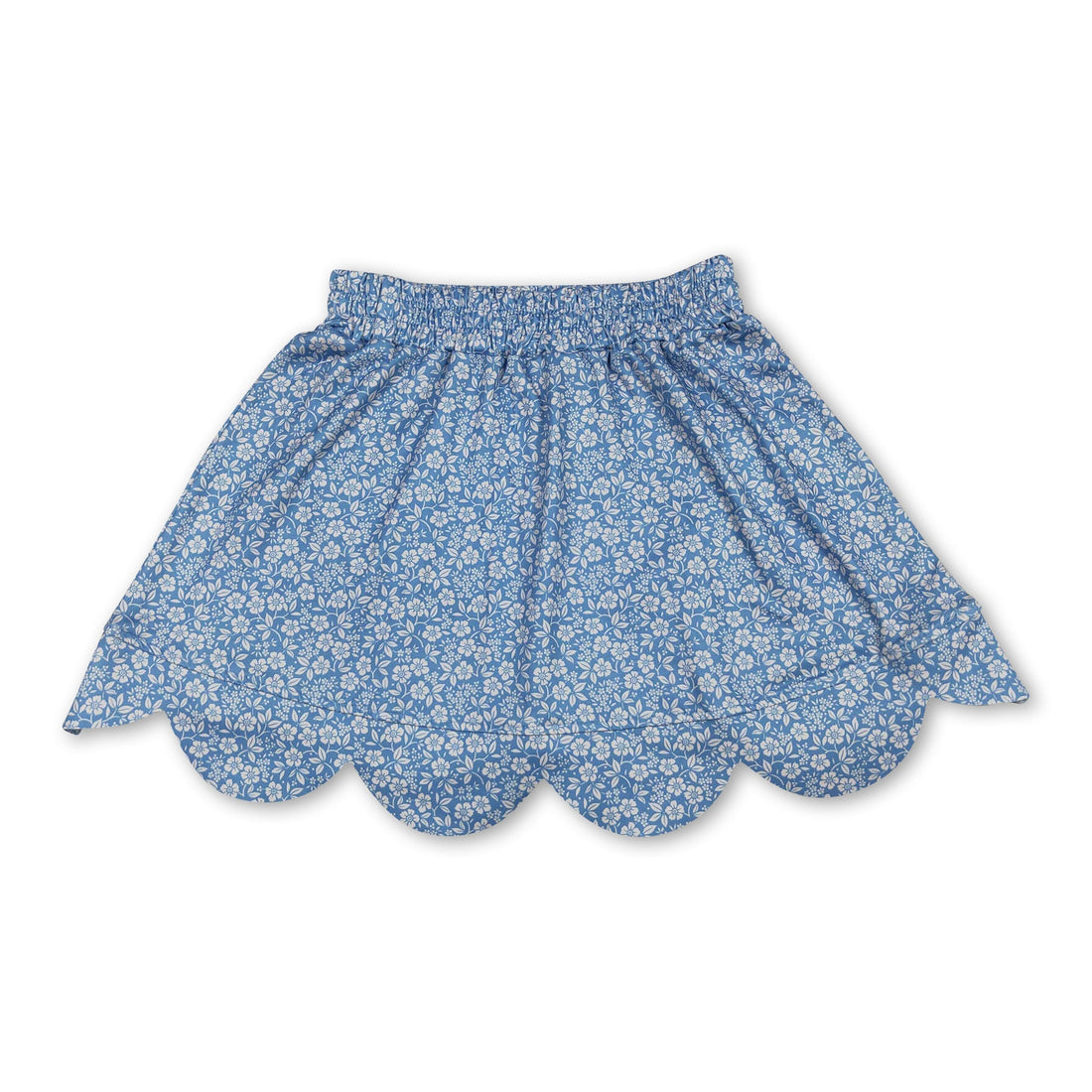 Blue floral elastic waist scallop girl skirt by Mini Rodeo, featuring a cute design with scalloped hem for kids&