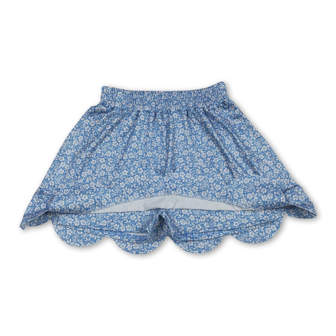 Blue floral elastic waist scallop girl skirt by Mini Rodeo, featuring a playful design for kids and girls.