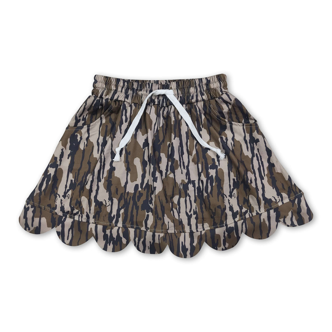 Olive camo pocket scallop girl skirt by Mini Rodeo, featuring a playful scalloped hem and functional front pockets for kids.