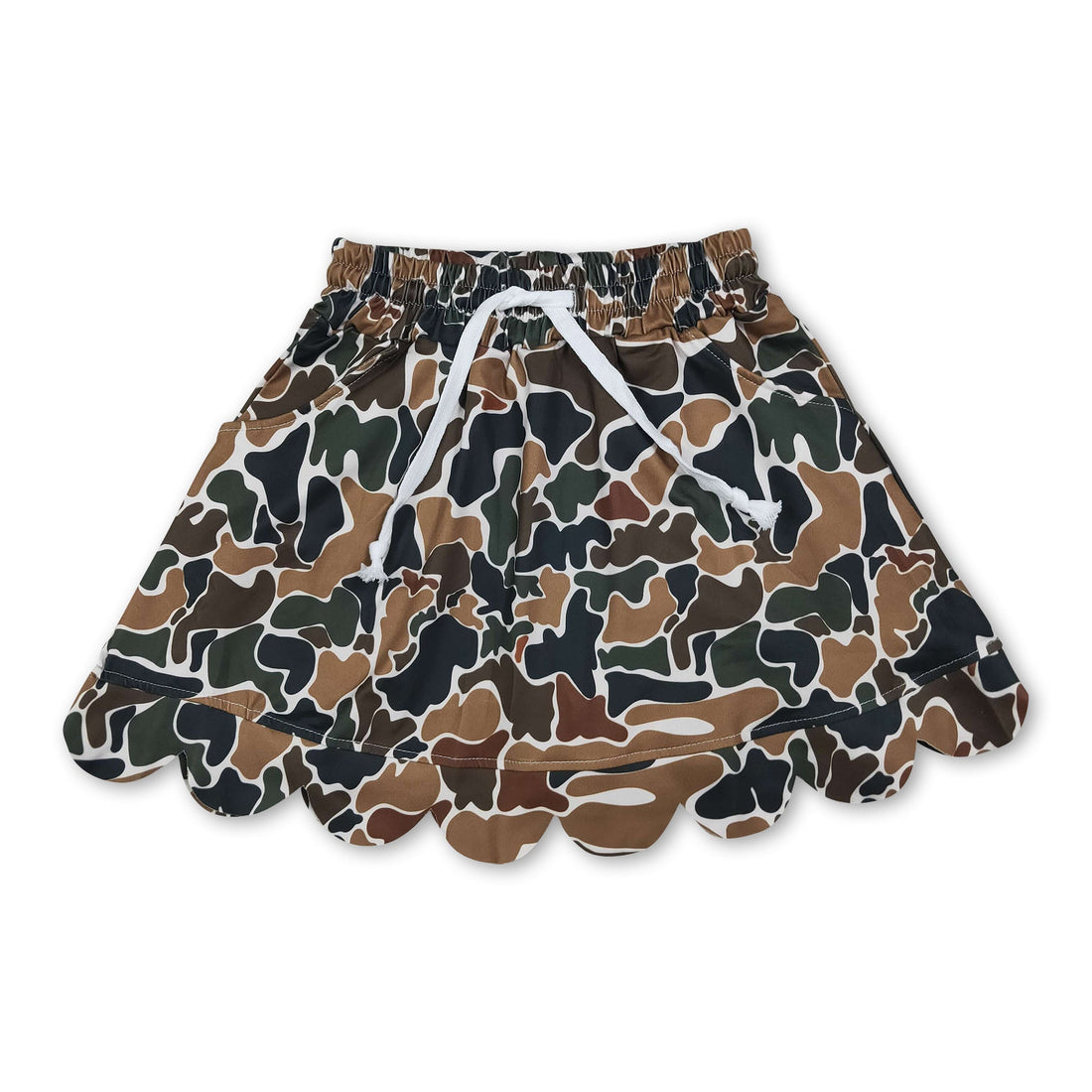 Brown camouflage girl skirt with scalloped pockets, designed for kids by Mini Rodeo, featuring a stylish and playful pattern.