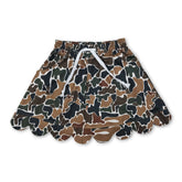 Brown camouflage girl skirt with scalloped pockets, designed for kids by Mini Rodeo, featuring a stylish and playful pattern.