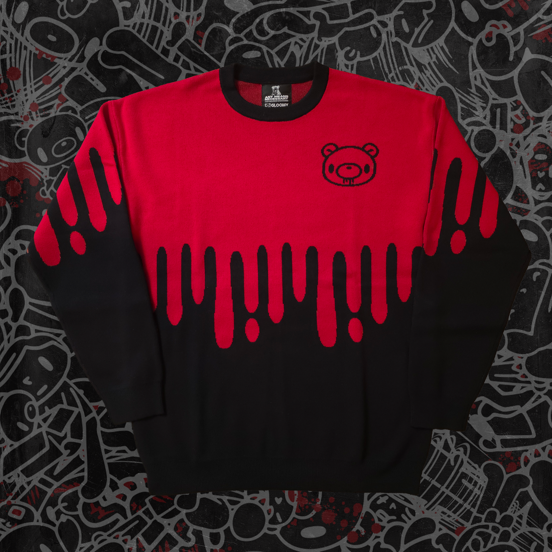 Front view of Any Means Necessary Clothing Gloomy Drip Knit Sweater showing dark, textured knit fabric and relaxed fit.