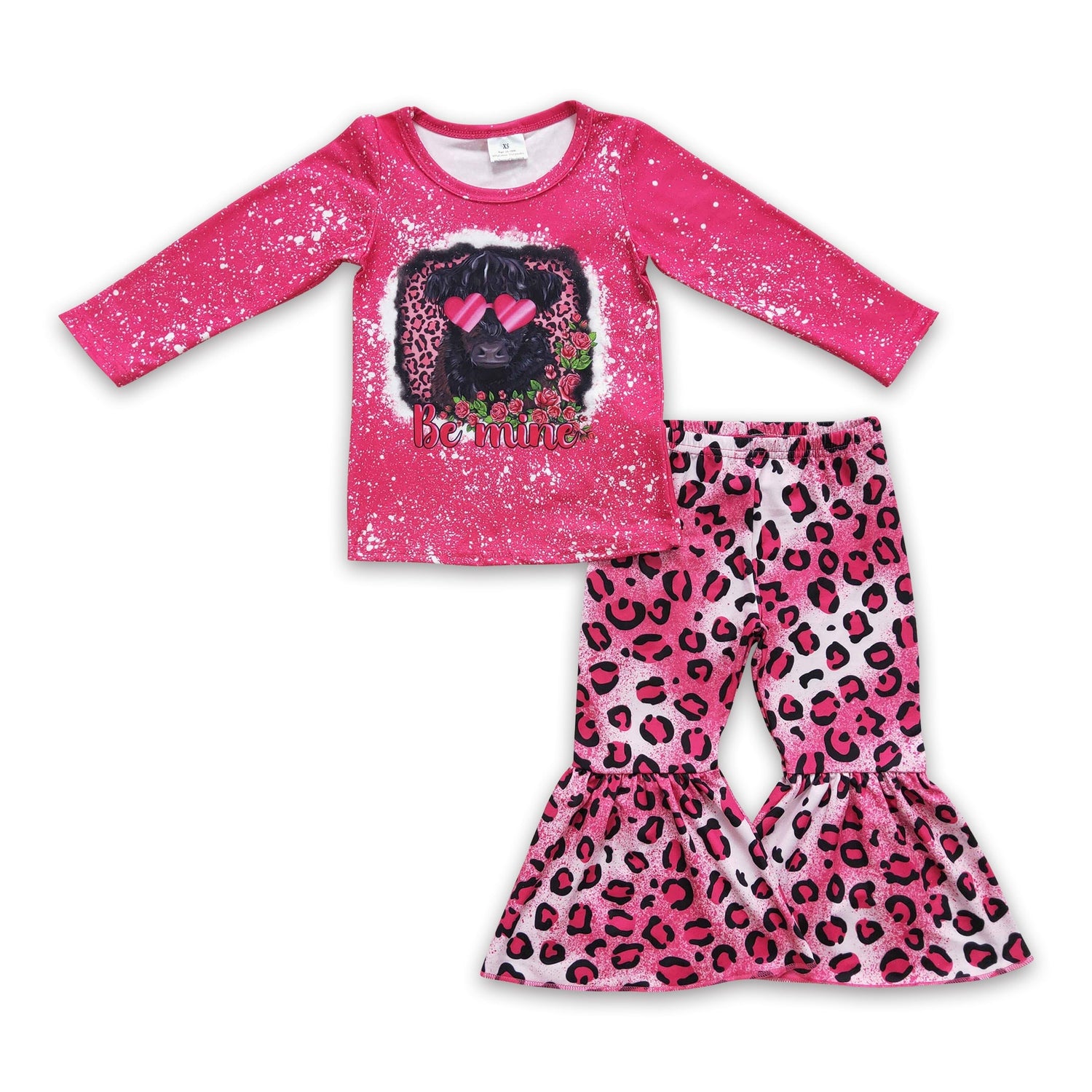 Be mine highland cow leopard bell bottom pants girls Valentine&