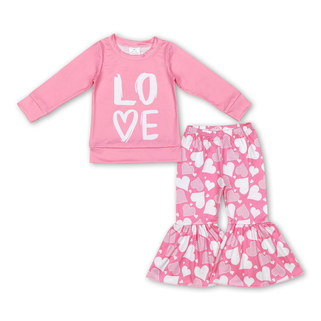 Pink love top heart bell bottom pants girls valentine&