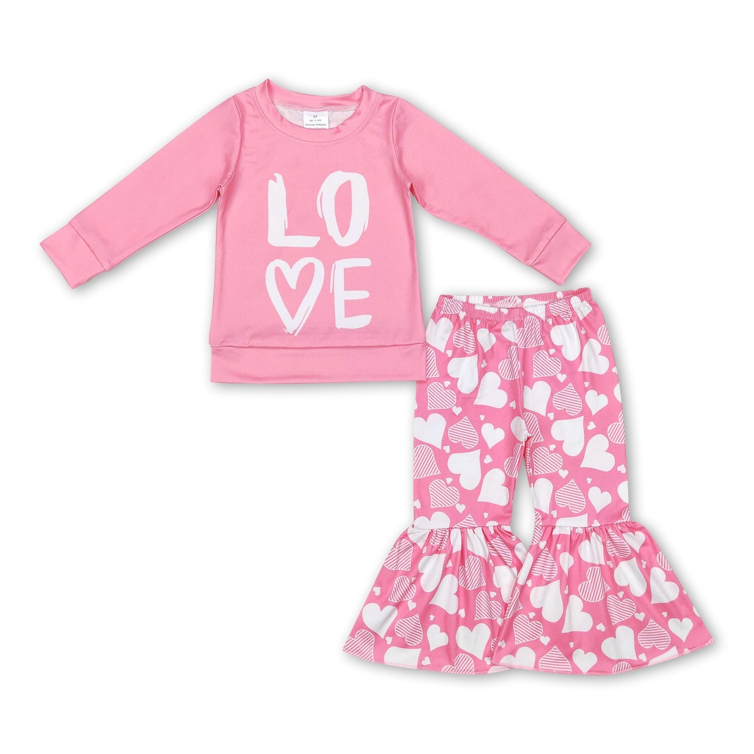 Pink love top heart bell bottom pants girls valentine&