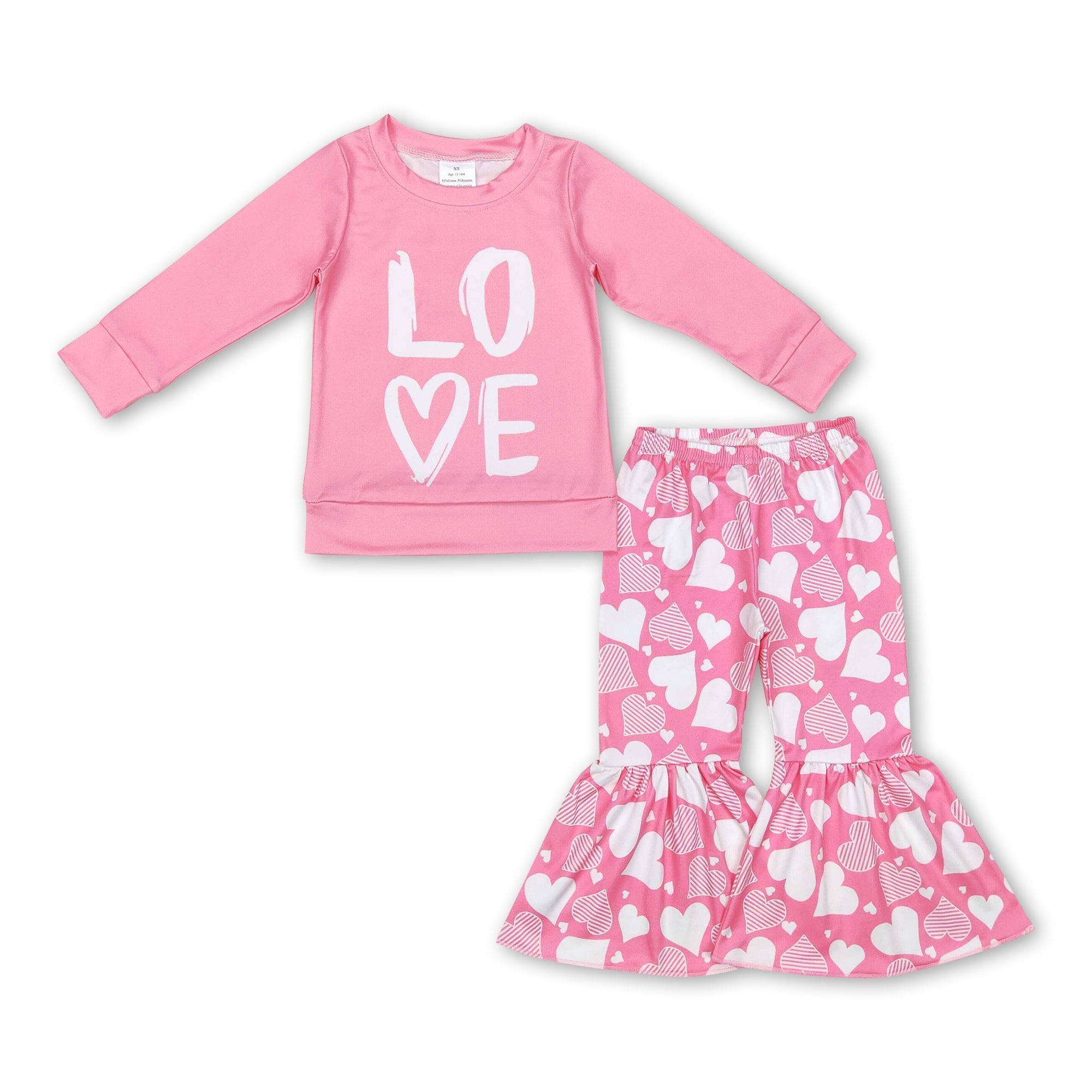 Pink love top heart bell bottom pants girls valentine&