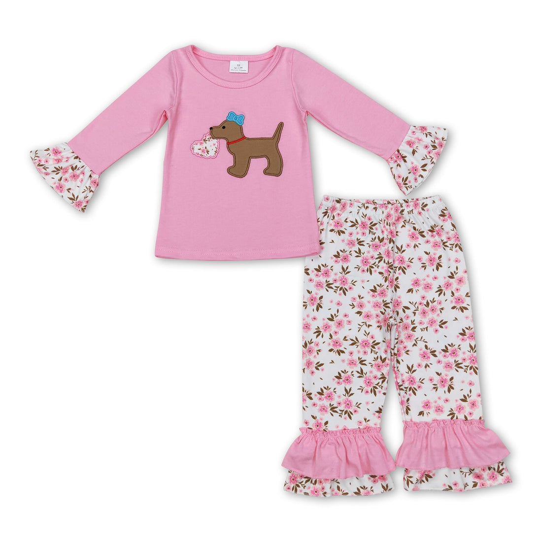 Pink dog heart top floral pants girls valentine&