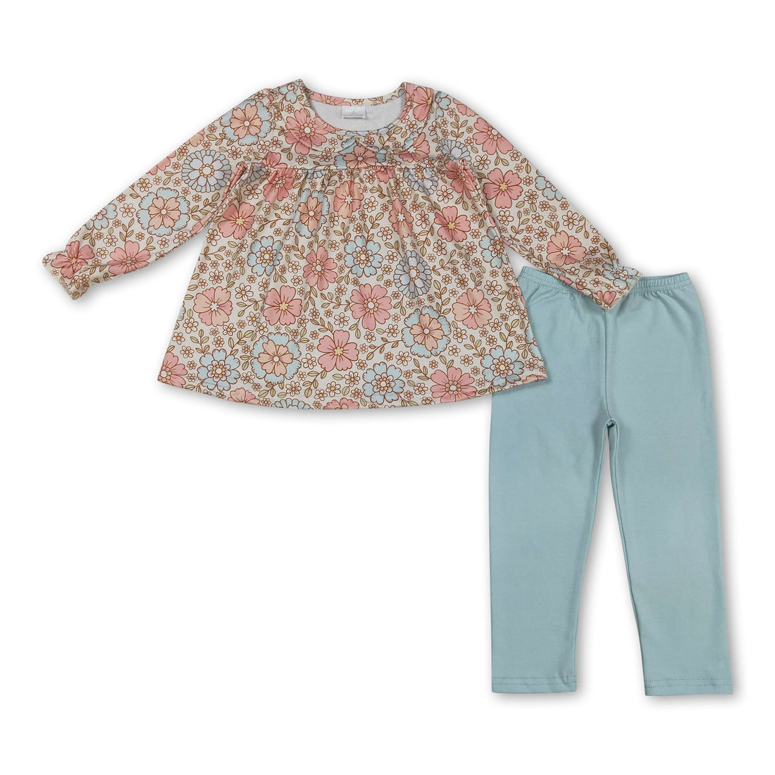 Light blue floral tunic and leggings set for girls by Mini Rodeo, featuring long sleeves and fall-friendly style.