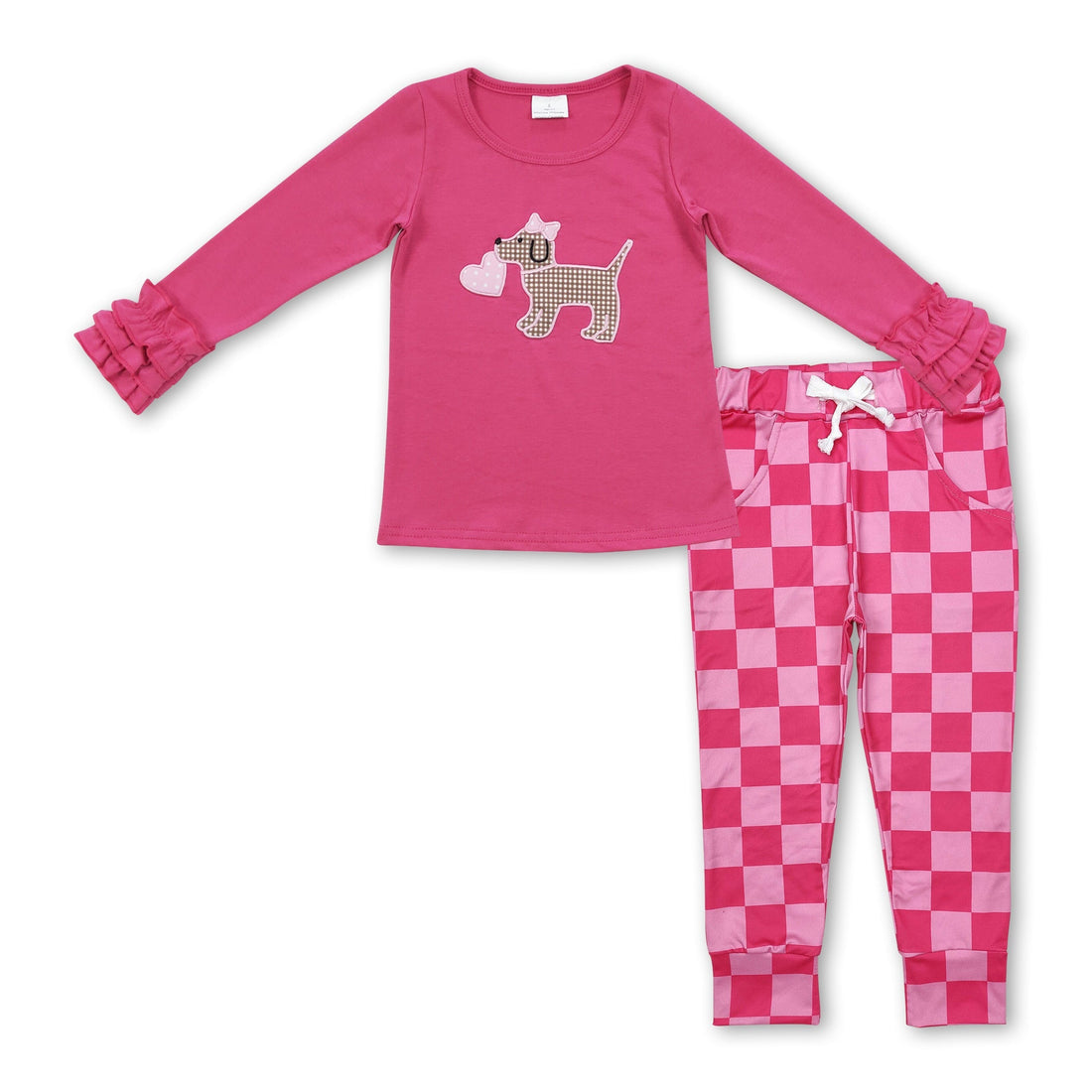 Dog heart embroidery plaid pants girls Valentine&