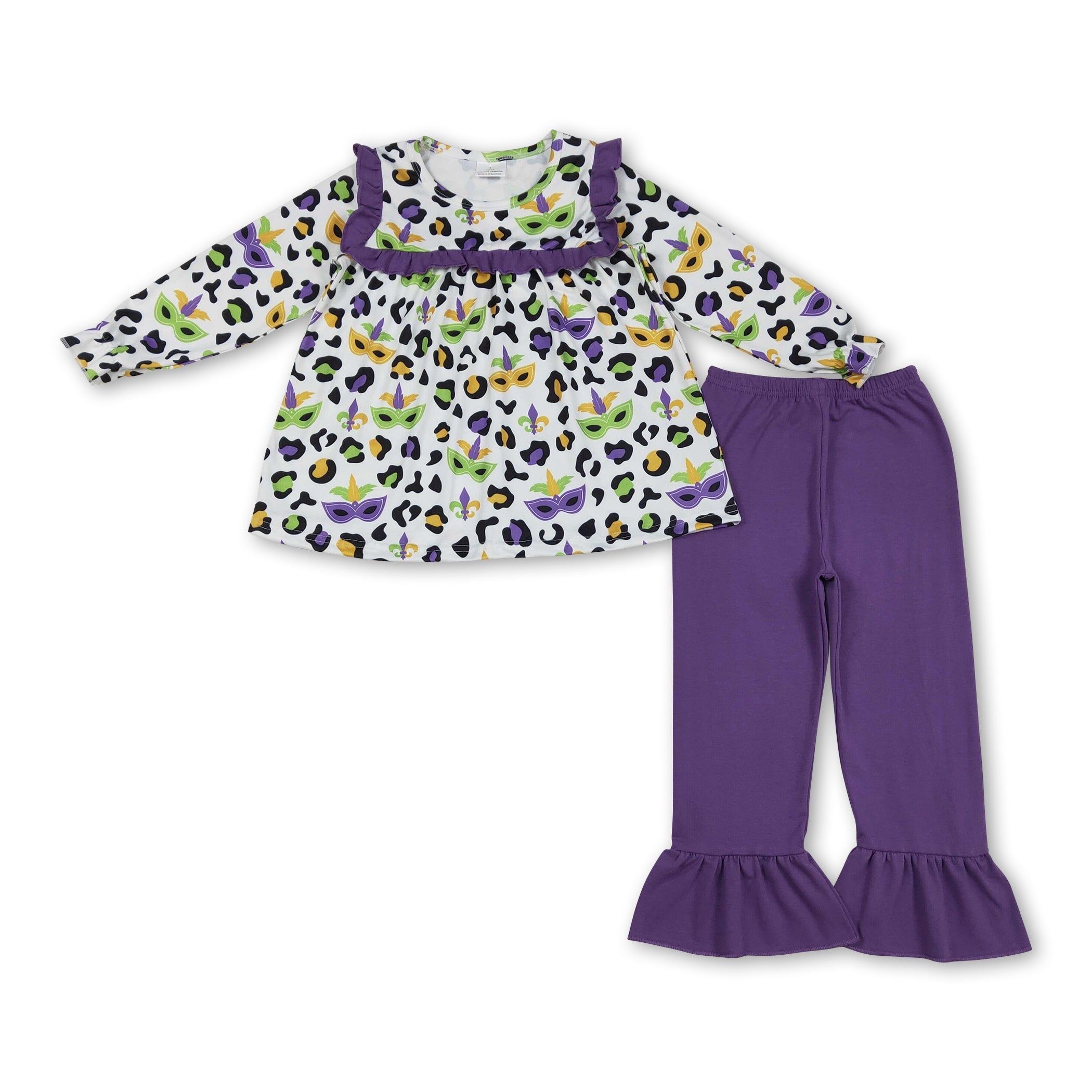 Long sleeves leopard tunic ruffle pants girls Mardi Gras outfits