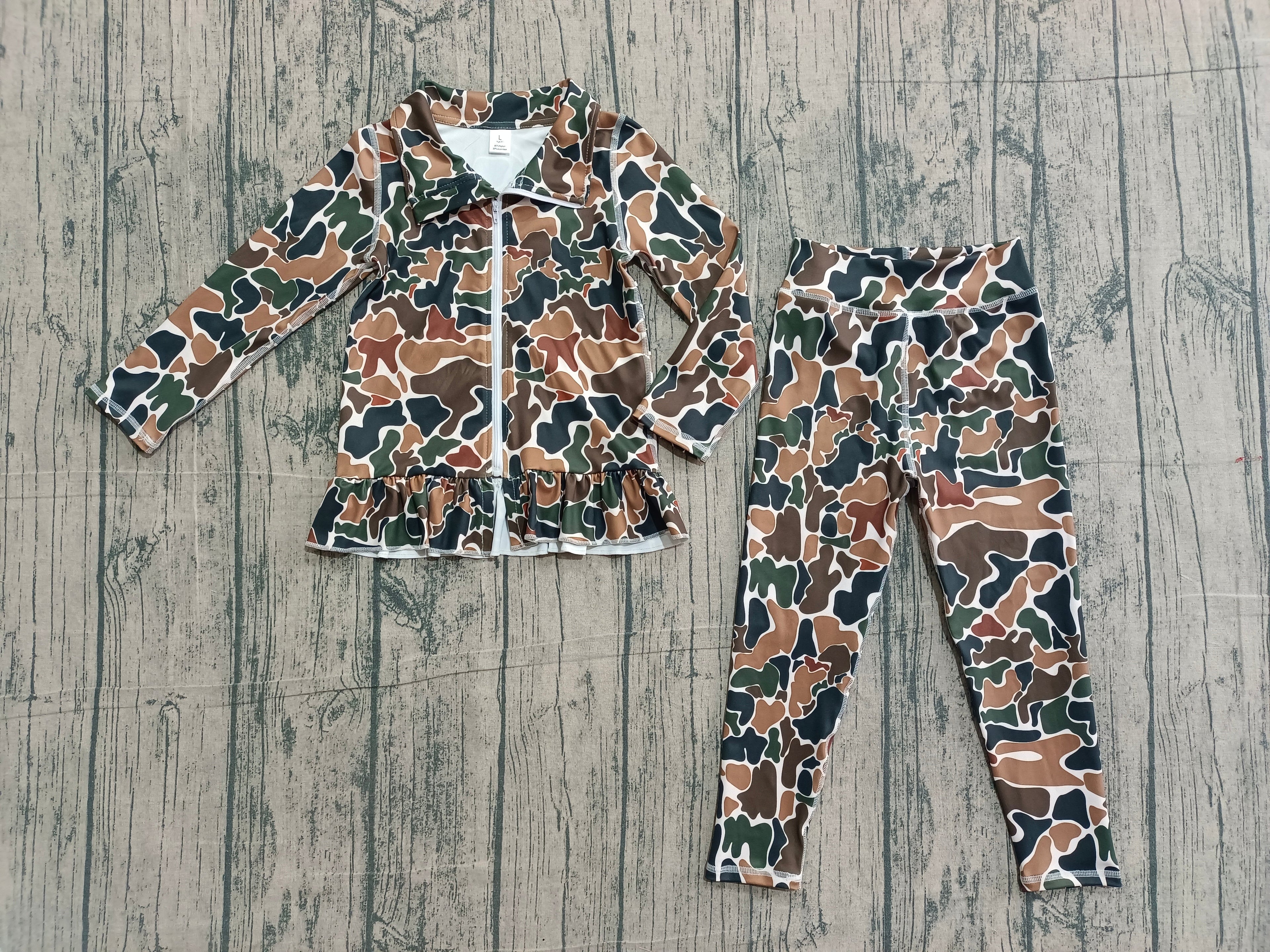 Long sleeves brown camo ruffle top leggings girls yoga set