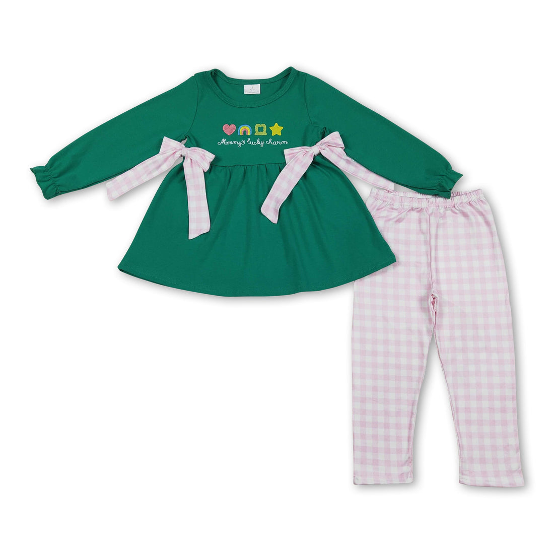 Green clover girl long sleeves top and pants set from Mini Rodeo, perfect for St. Patrick&