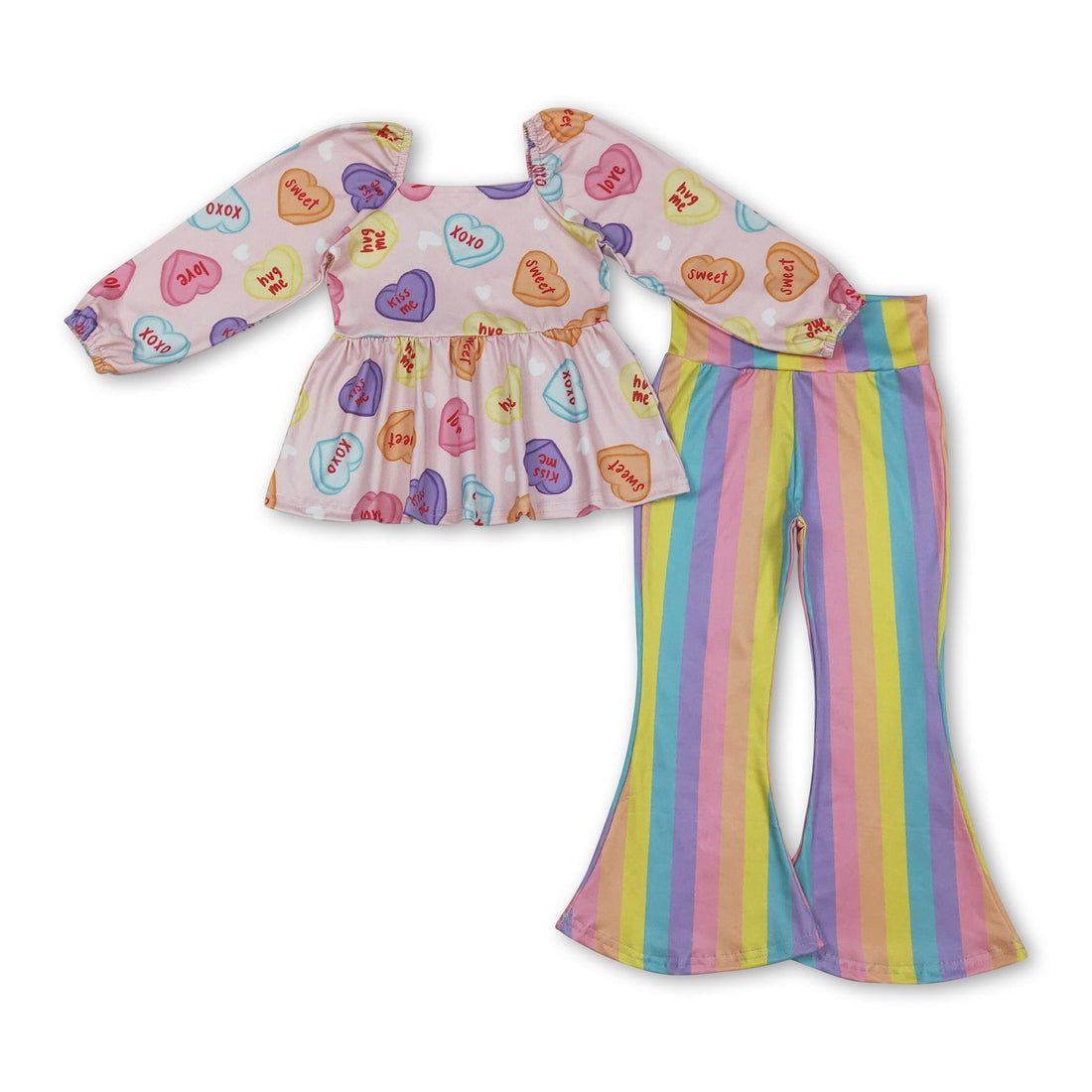 Colorful striped heart peplum pants set for girls, featuring long-sleeve top and pants by Mini Rodeo, perfect for Valentine&