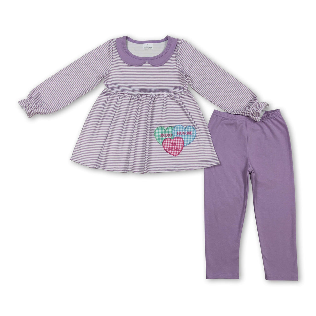 Mini Rodeo lavender girl’s long sleeves tunic and pants set with stripe heart embroidery, perfect for Valentine&