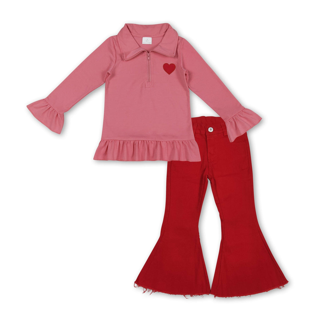 Red heart embroidery pullover and jeans set for girls by Mini Rodeo, perfect for Valentine’s Day, featuring a cute, coordinated look.
