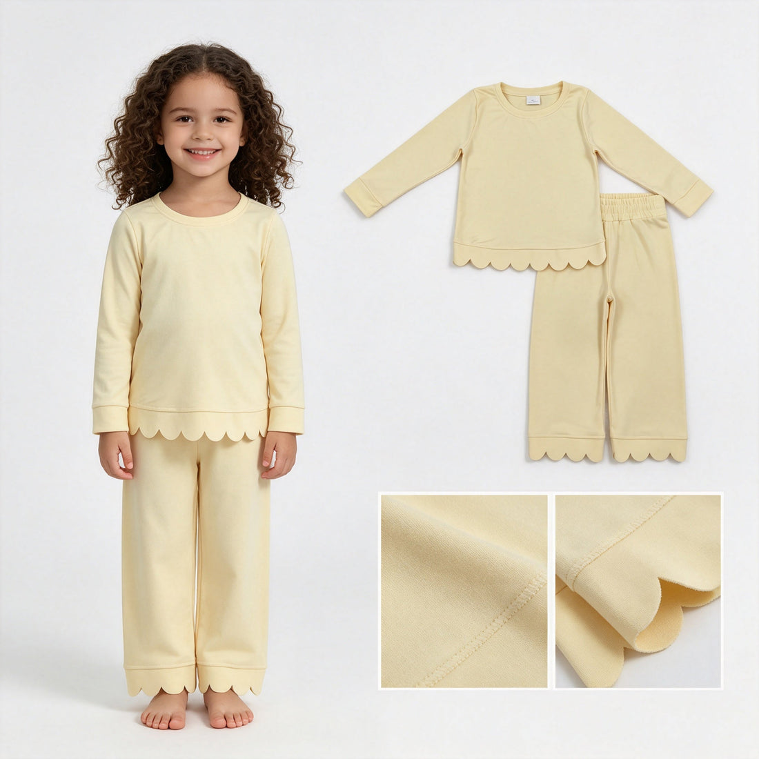 Yellow cotton long-sleeve scallop pajamas set for girls, includes top and pants by Mini Rodeo, perfect for fall.