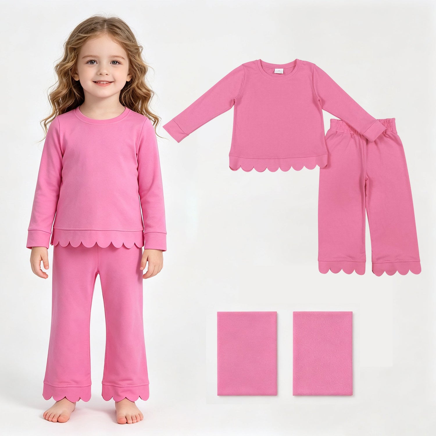 Hot pink cotton long sleeves scallop girls pajamas set