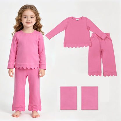 Hot pink cotton long sleeves scallop girls pajamas set