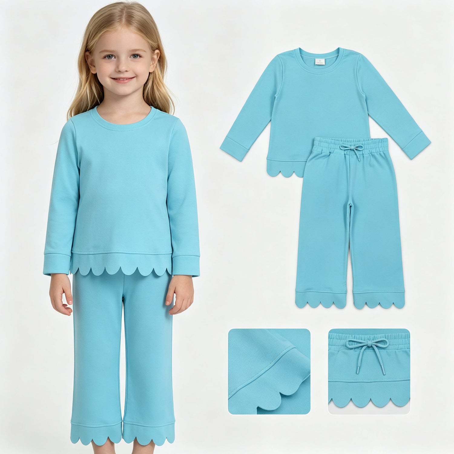Aqua cotton long sleeves scallop girls fall pajamas set