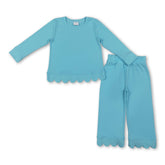 Mini Rodeo Aqua cotton long sleeves scallop girls fall pajamas set with top and pants, featuring a soft, comfortable design.