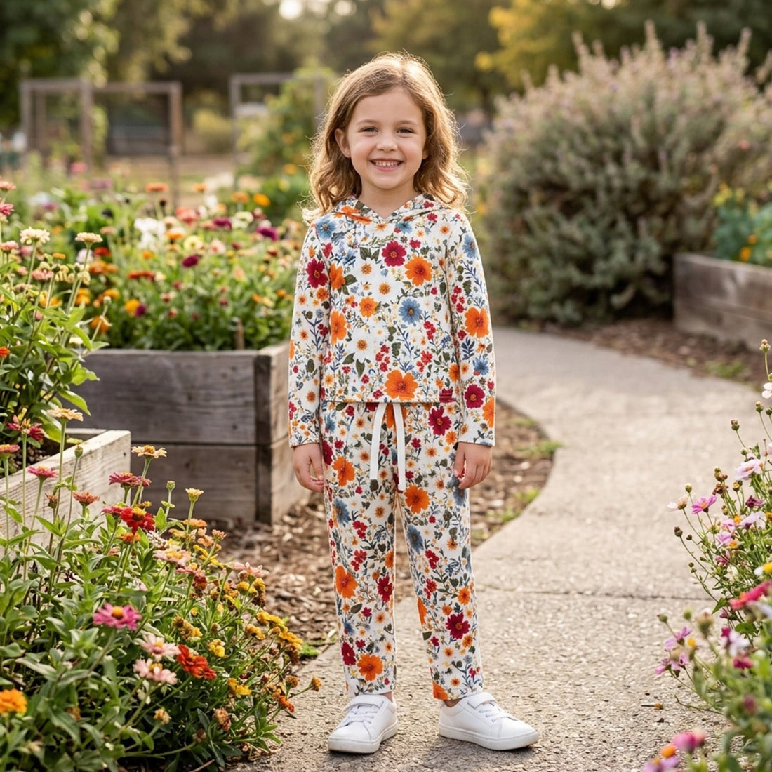 Long sleeves floral hoodie pants kids girls fall clothes