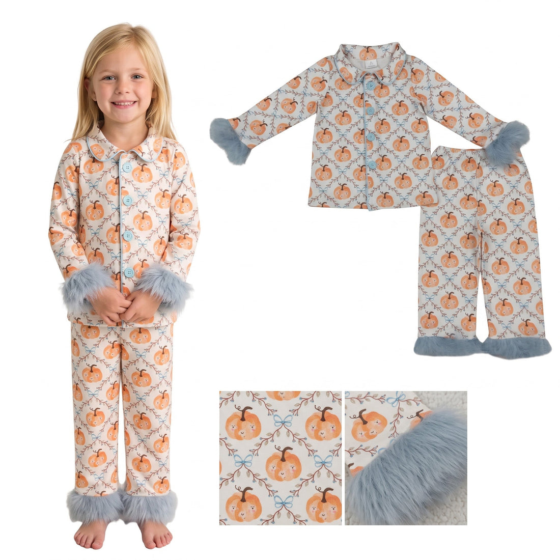 Long sleeves floral pumpkin girls fall button down pjs