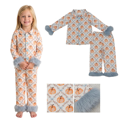 Long sleeves floral pumpkin girls fall button down pjs