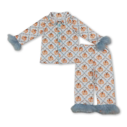 Long sleeves floral pumpkin girls fall button down pjs