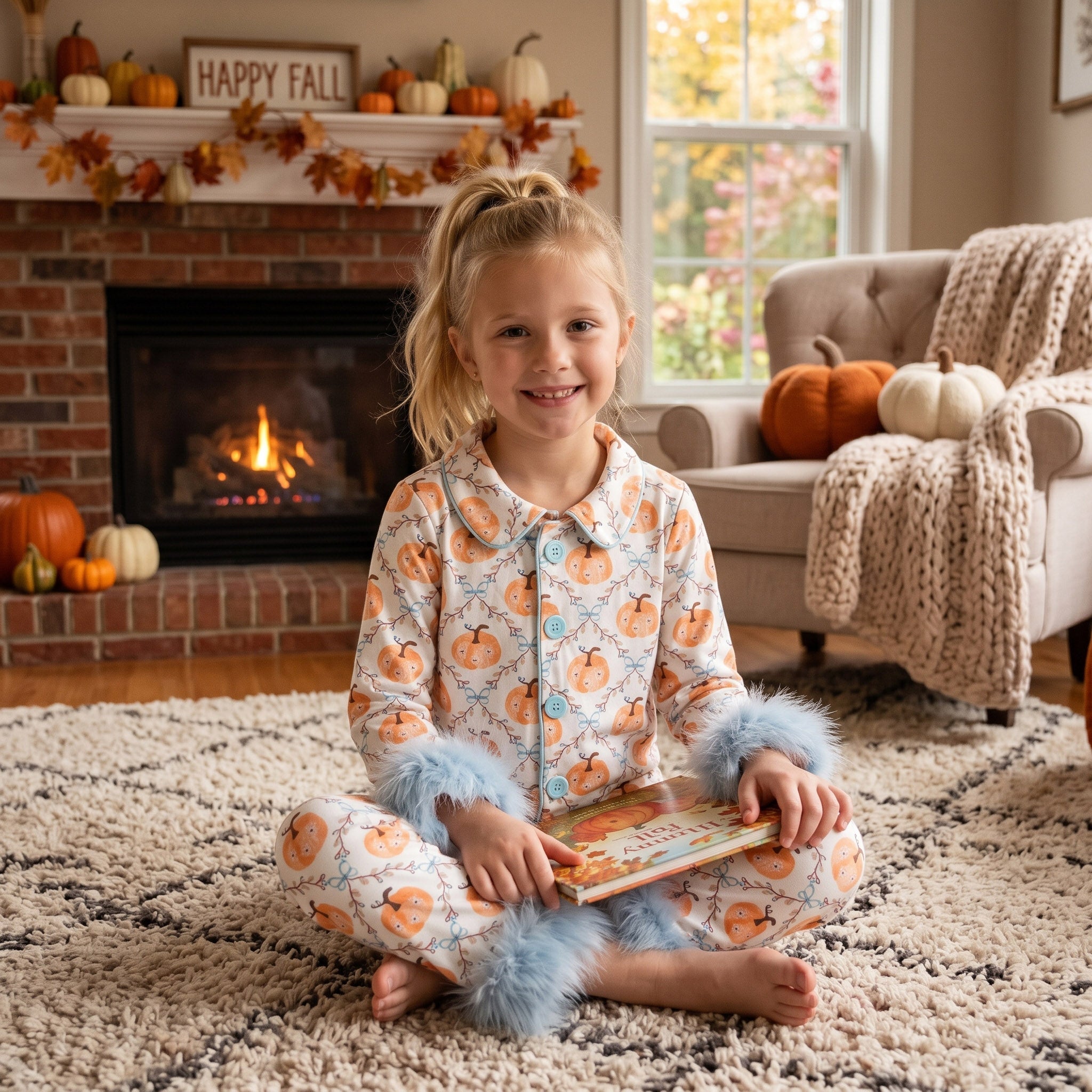 Long sleeves floral pumpkin girls fall button down pjs