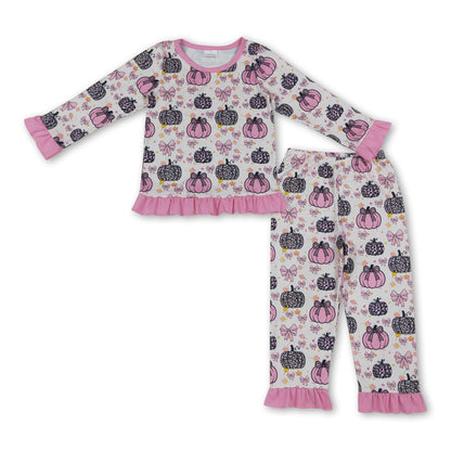 Pink ruffle bow pumpkin kids girls fall pajamas set