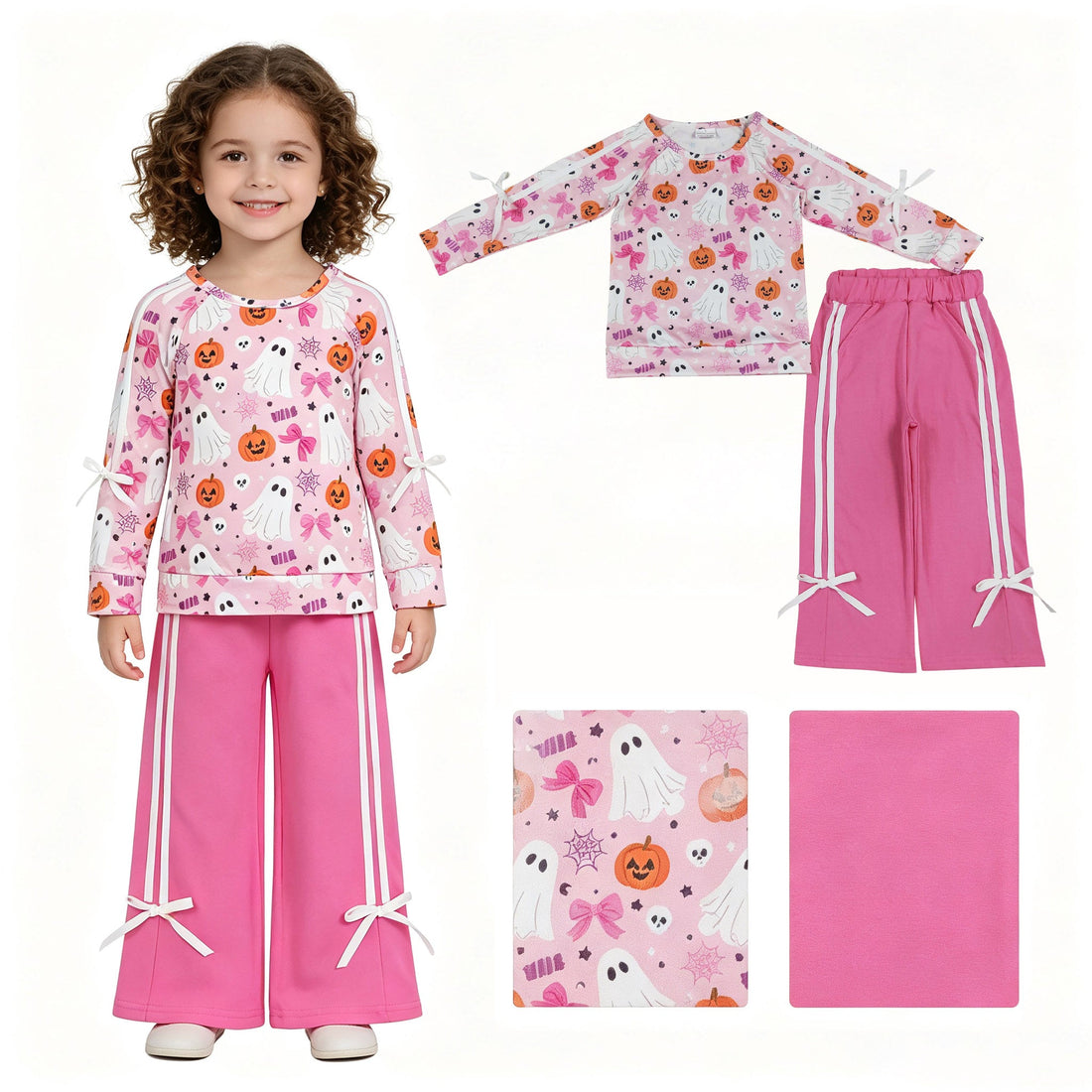 Mini Rodeo ghost pumpkin bow top and cotton pants set for girls, long sleeve Halloween outfit with spooky pumpkin design.