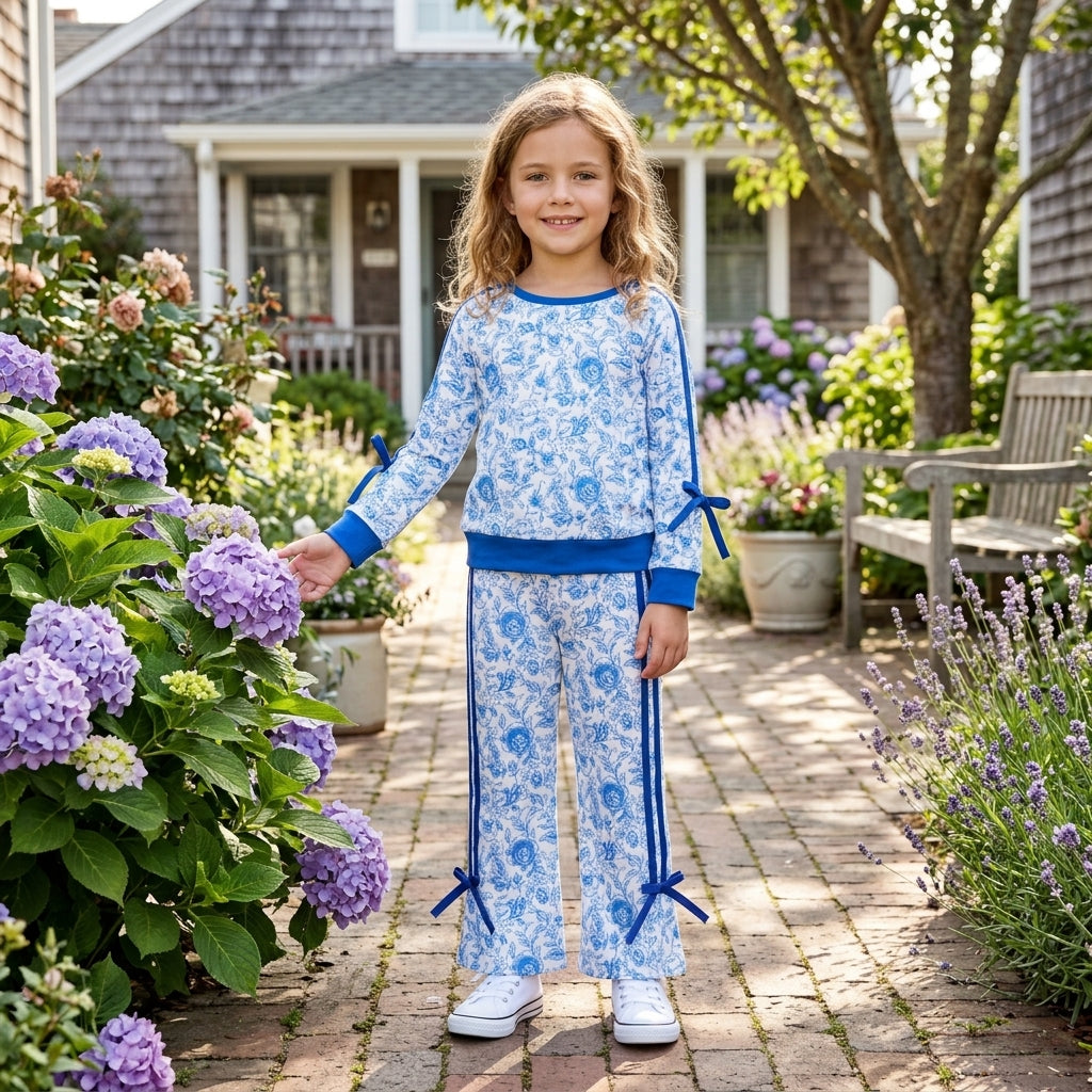 Long sleeves blue floral top pants kids girls outfits