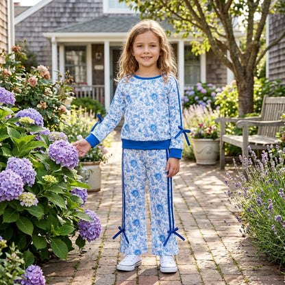 Long sleeves blue floral top pants kids girls outfits