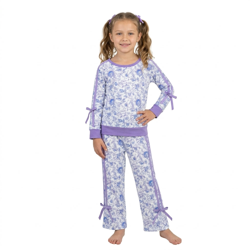 Long sleeves purple floral top pants girls clothing set