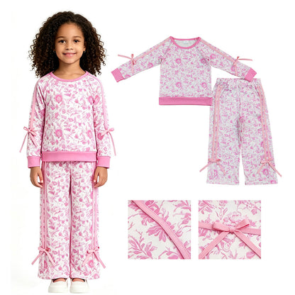 Long sleeves pink floral top pants kids girls outfits