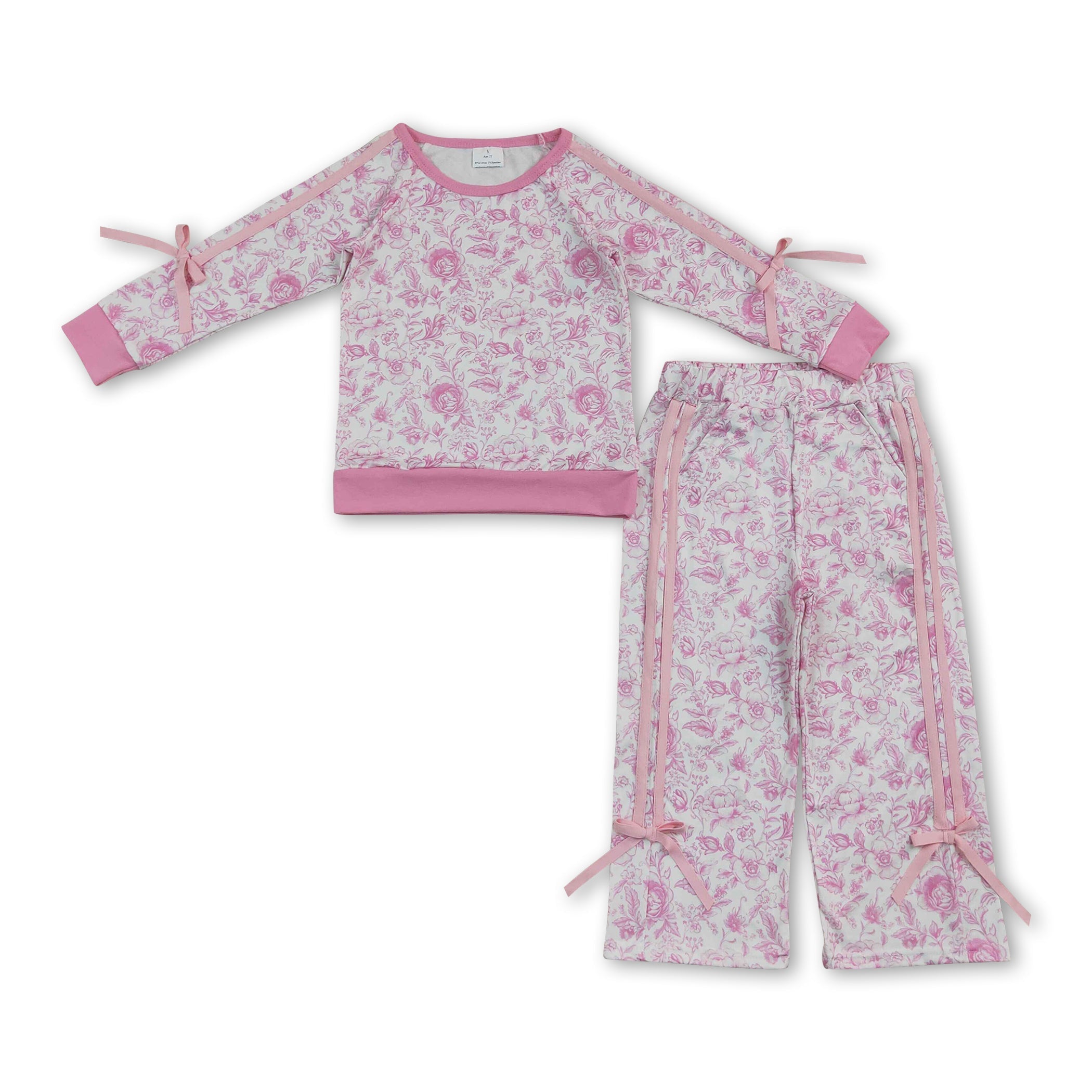 Long sleeves pink floral top pants kids girls outfits
