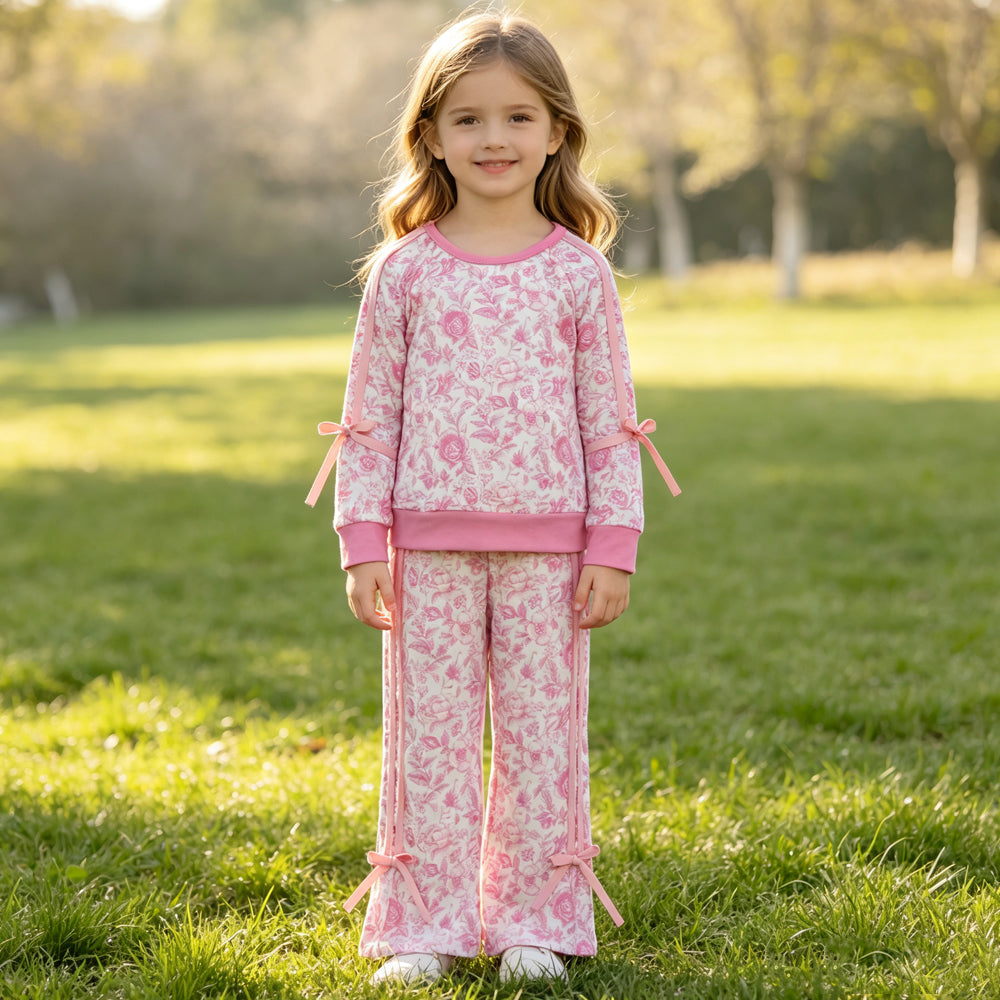 Long sleeves pink floral top pants kids girls outfits