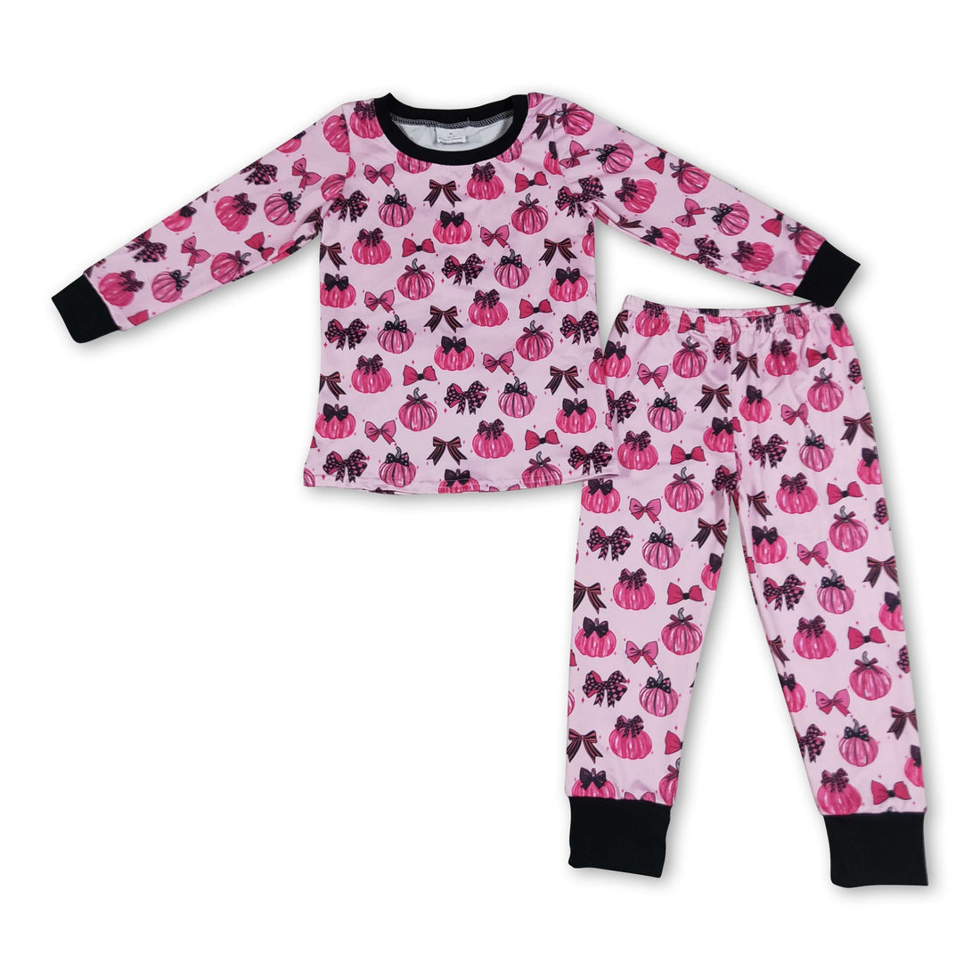 Pink pumpkin bow long sleeve pajamas set for girls by Mini Rodeo, featuring a cozy top and matching pants for fall.