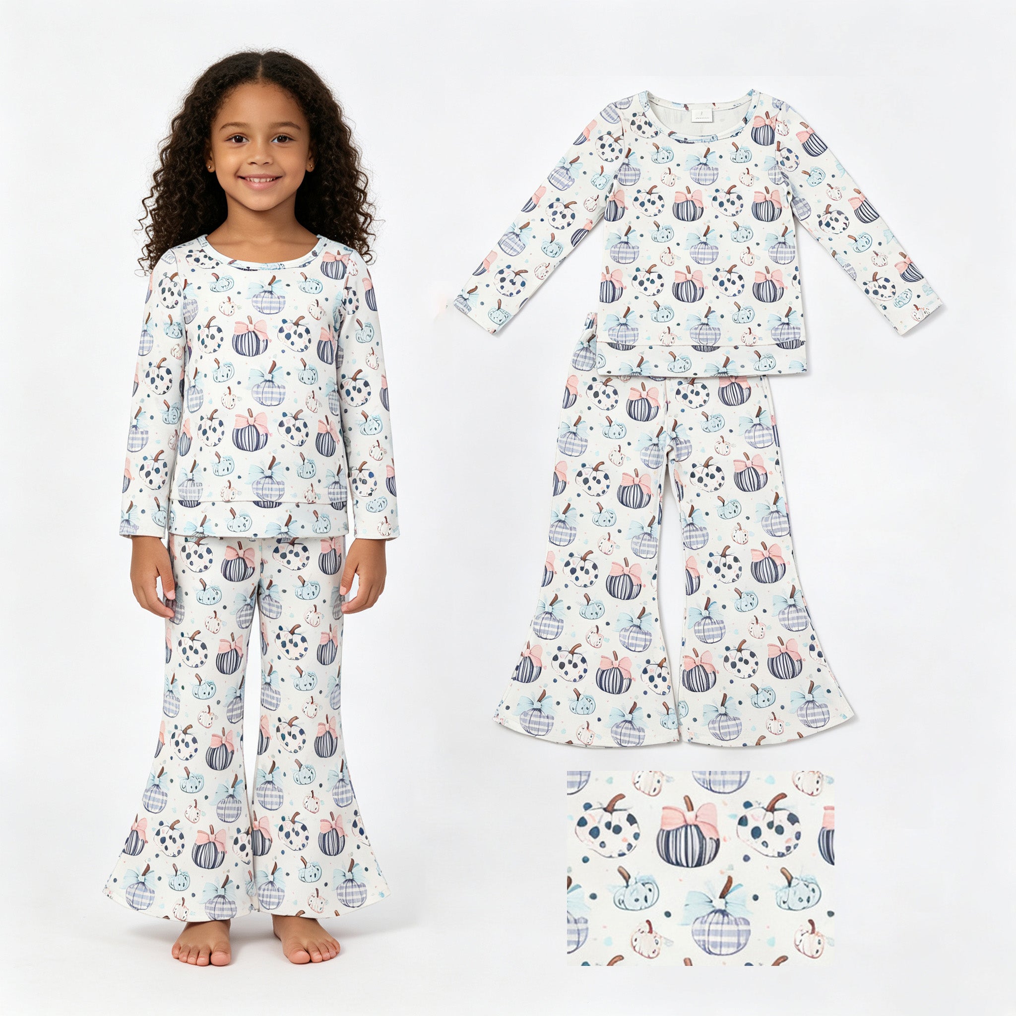 Long sleeves pumpkin bow top pants kids girls fall clothes