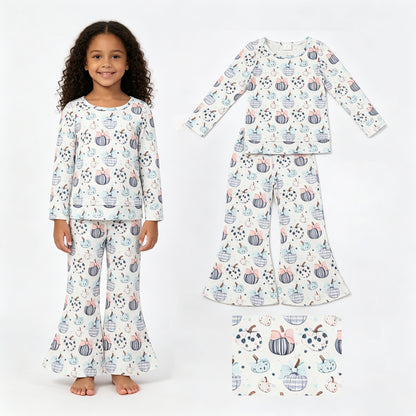 Long sleeves pumpkin bow top pants kids girls fall clothes