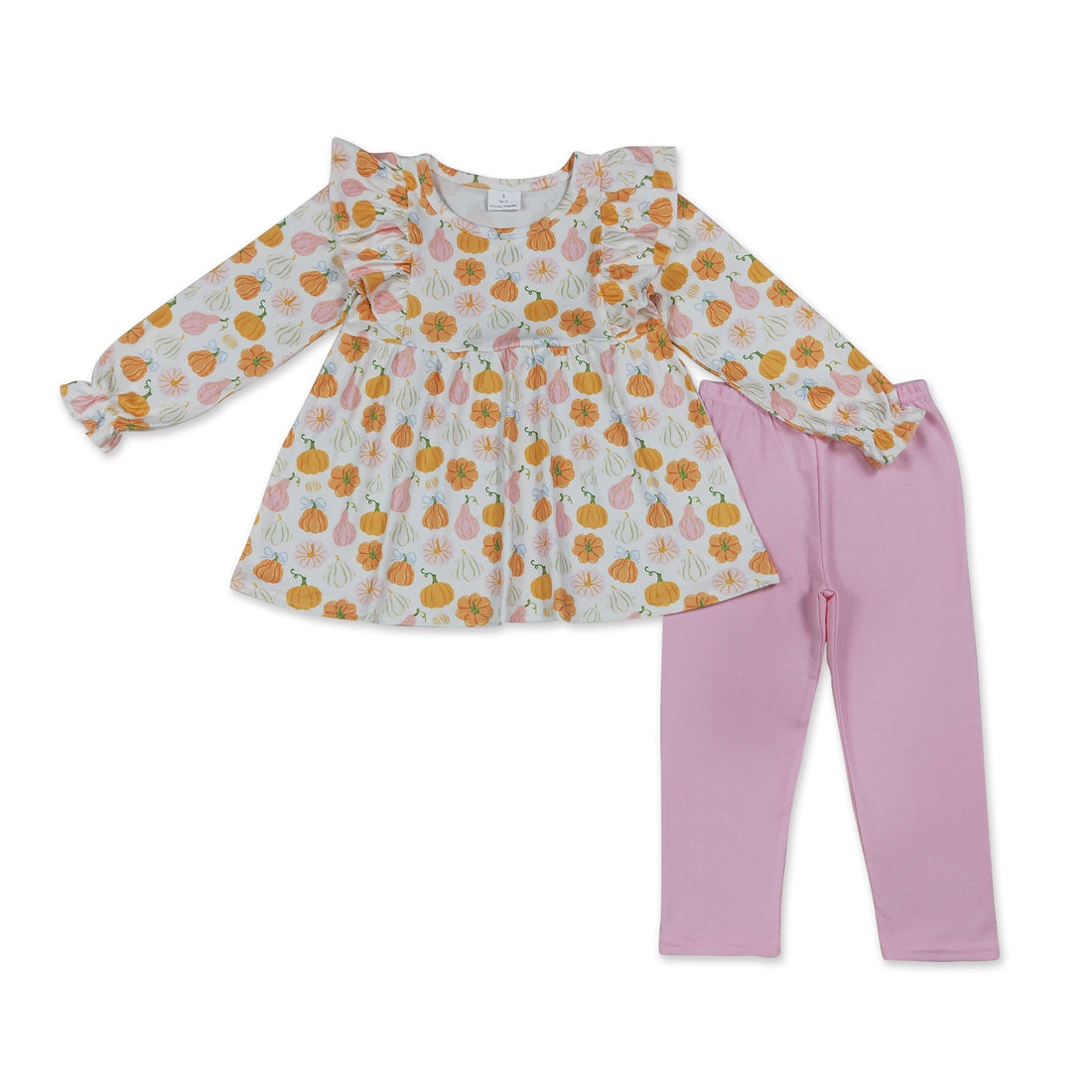 Pink pumpkin long sleeves tunic with matching leggings for girls, stylish fall outfit by Mini Rodeo, featuring a cute, cozy set.
