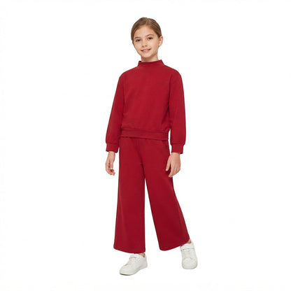 Long sleeves dark red cotton top pants kids girls outfits