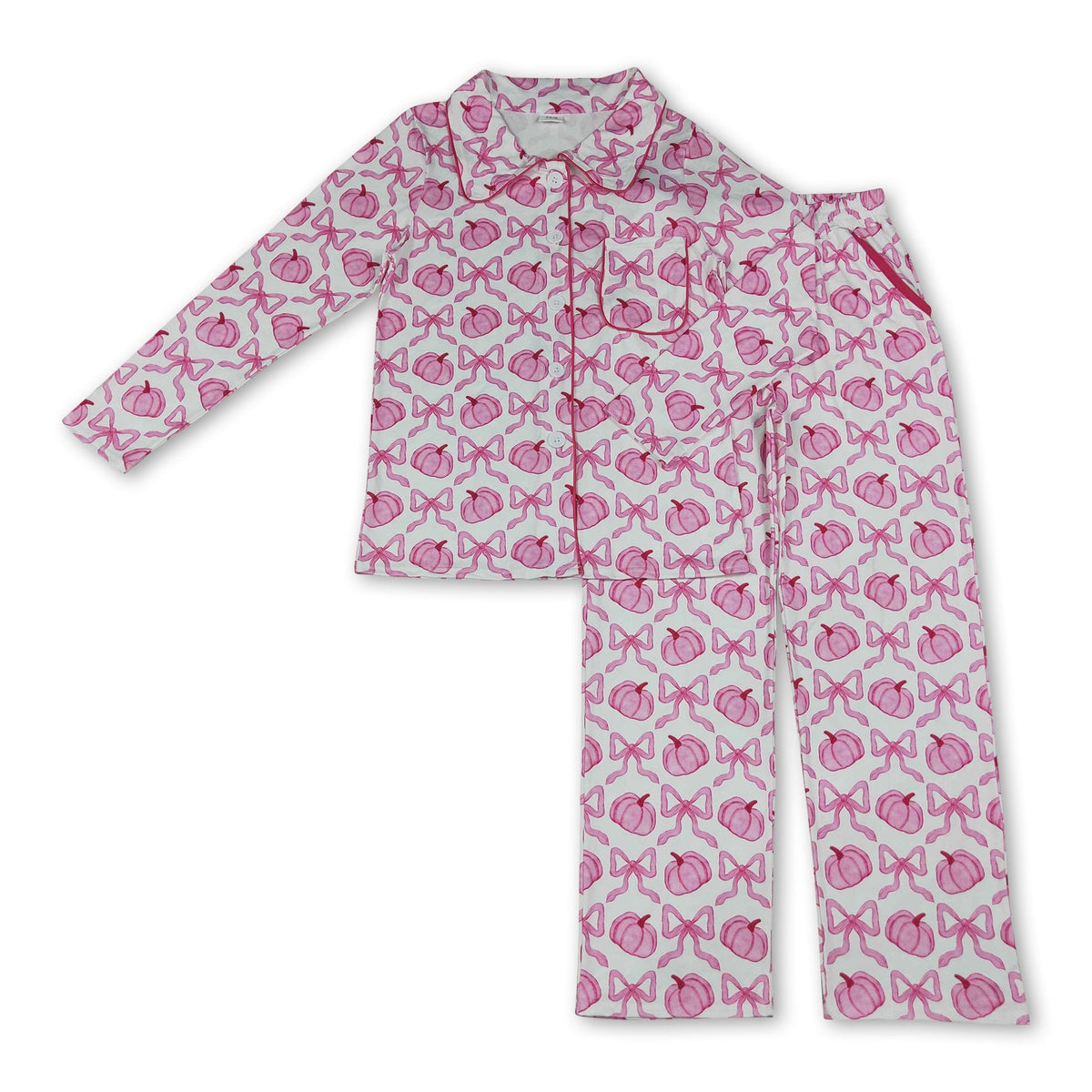 Pink bow pumpkin adult women button down fall pjs