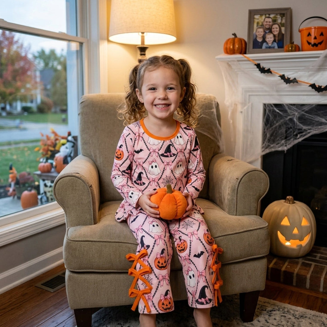 Pumpkin ghost bow scallop girls Halloween outfits