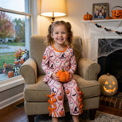 Pumpkin ghost bow scallop girls Halloween outfits