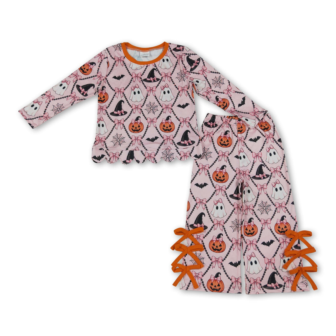 Pumpkin ghost bow scallop girls Halloween outfits