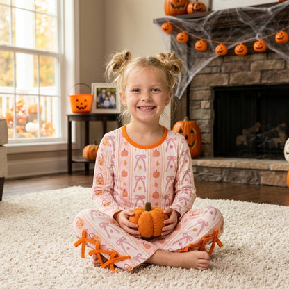 Long sleeves pumpkin basket bow scallop girls Halloween set