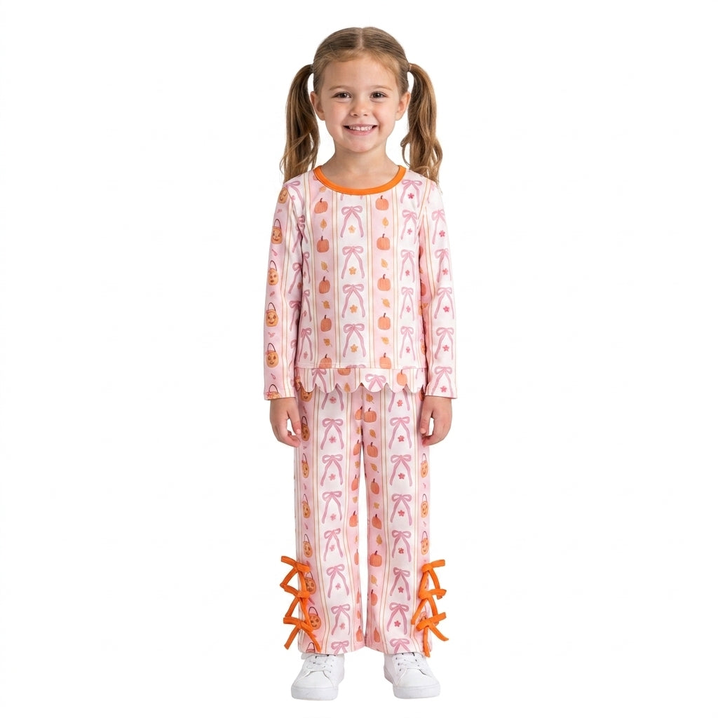 Long sleeves pumpkin basket bow scallop girls Halloween set