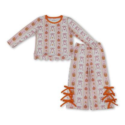 Long sleeves pumpkin basket bow scallop girls Halloween set